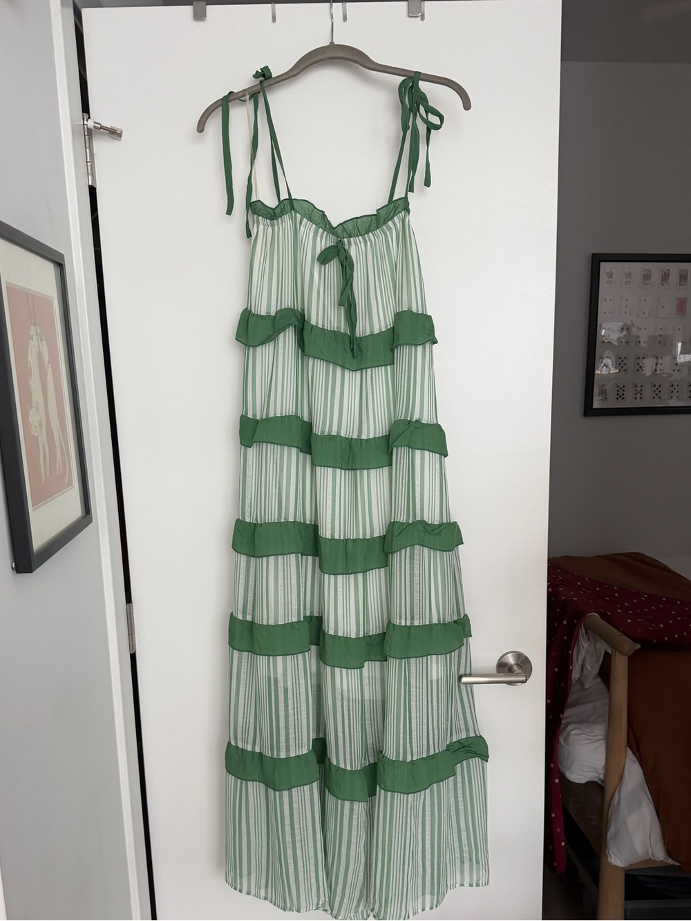 Striped Green Tie-Shoulder Maxi Dress with Ruffle Tiers